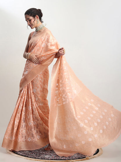 Janasya Orange Linen Blend Geometric Jacquard Saree