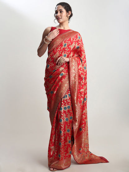 Janasya Red Silk Blend Floral Jacquard Saree