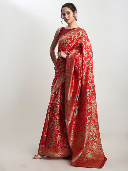 Janasya Red Silk Blend Floral Jacquard Saree