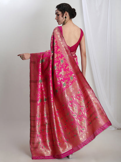 Janasya Pink Silk Blend Floral Jacquard Saree