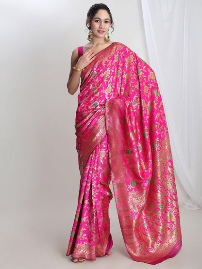 Janasya Pink Silk Blend Floral Jacquard Saree