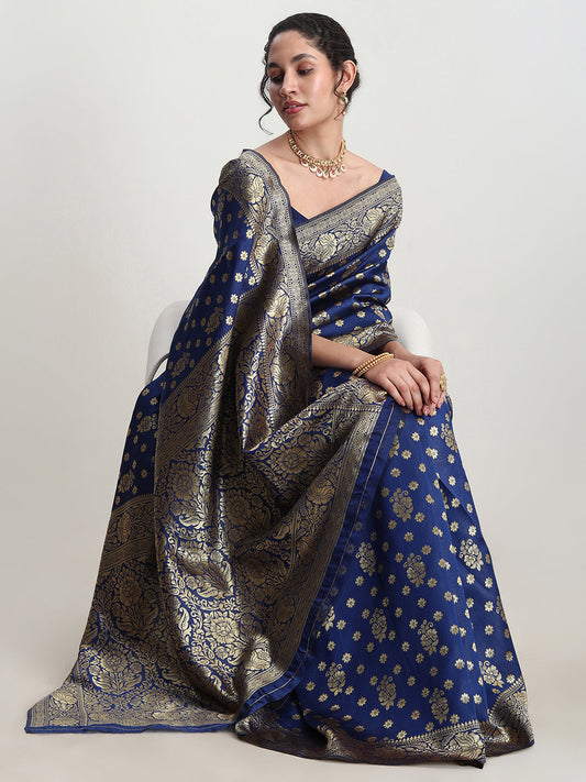 Janasya Blue Silk Blend Floral Jacquard Saree