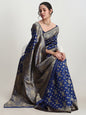 Janasya Blue Silk Blend Floral Jacquard Saree