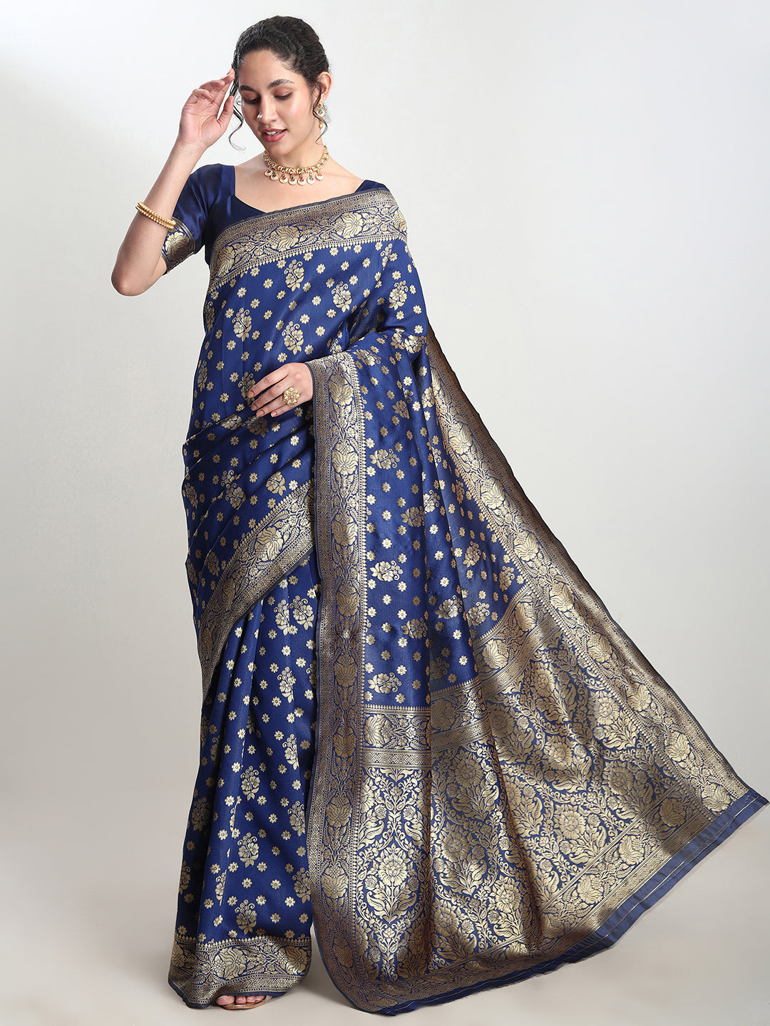 Janasya Blue Silk Blend Floral Jacquard Saree