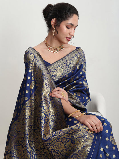 Janasya Blue Silk Blend Floral Jacquard Saree