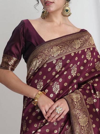 Janasya Purple Silk Blend Floral Jacquard Saree