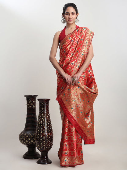 Janasya Red Silk Blend Ethnic Motifs Jacquard Saree