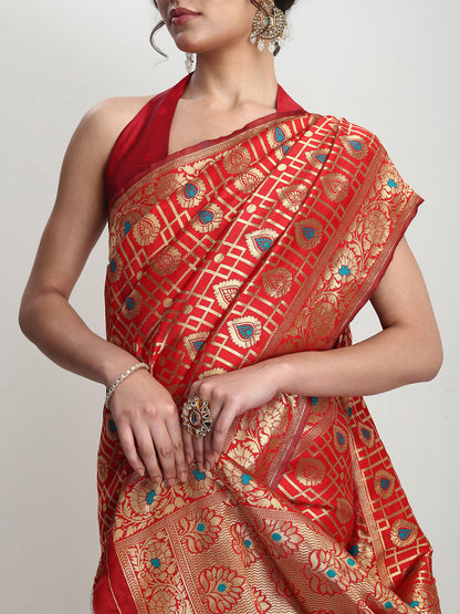 Janasya Red Silk Blend Ethnic Motifs Jacquard Saree