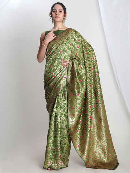 Janasya Green Silk Blend Ethnic Motifs Jacquard Saree