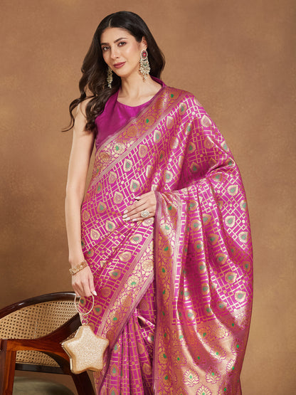 Janasya Pink Silk Blend Ethnic Motifs Jacquard Saree