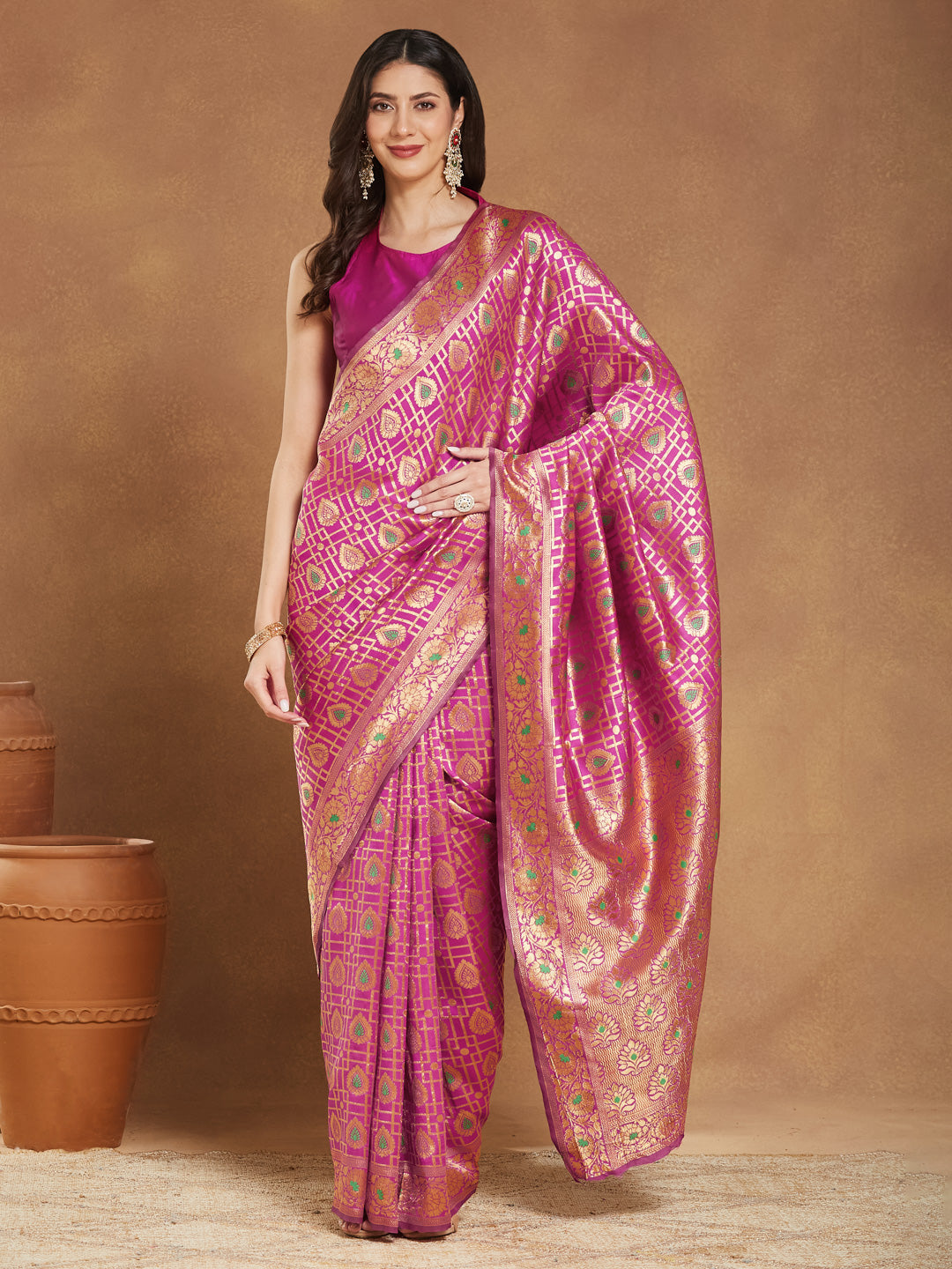 Janasya Pink Silk Blend Ethnic Motifs Jacquard Saree
