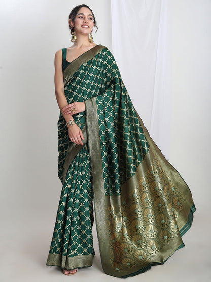 Janasya Green Silk Blend Ethnic Printed Jacquard Saree