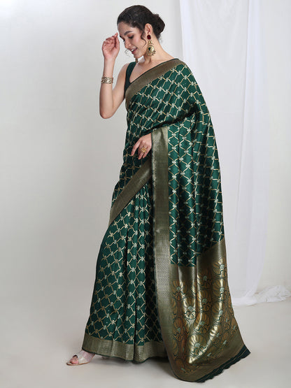 Janasya Green Silk Blend Ethnic Printed Jacquard Saree