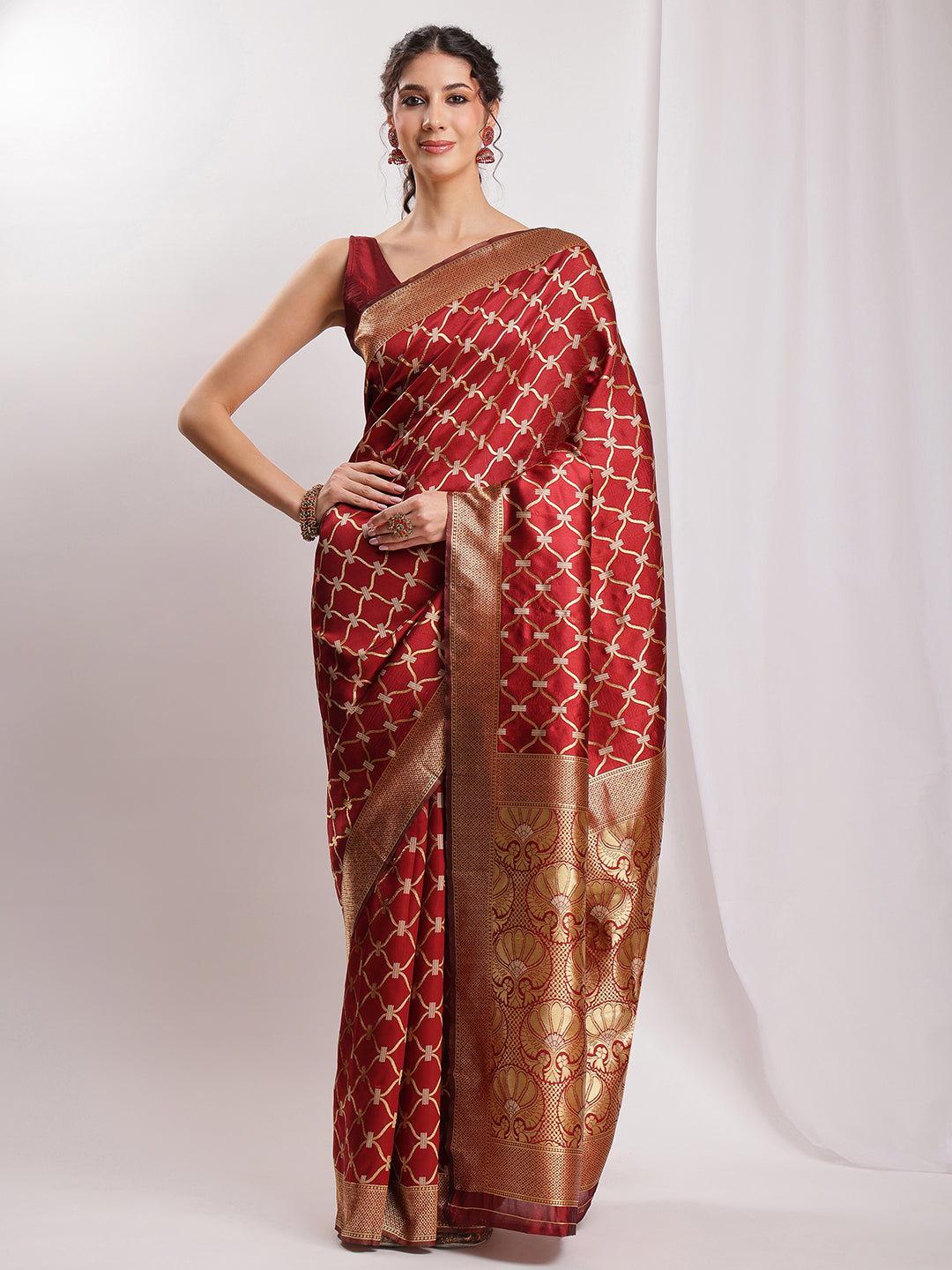 Janasya Maroon Silk Blend Ethnic Jacquard Saree