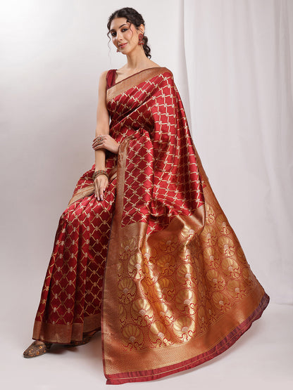 Janasya Maroon Silk Blend Ethnic Jacquard Saree