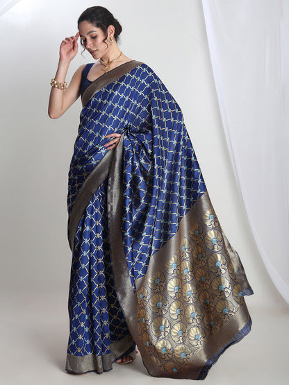 Janasya Blue Silk Blend Ethnic Printed Jacquard Saree