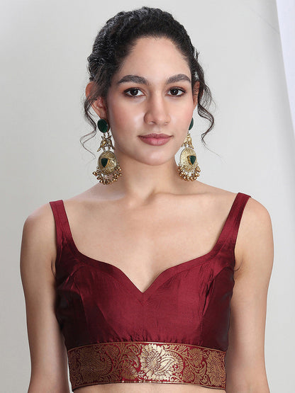 Janasya Maroon Silk Blend Ethnic Motifs Jacquard Saree