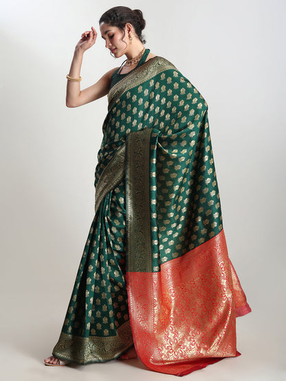 Janasya Dark Green Silk Blend Ethnic Motifs Jacquard Saree