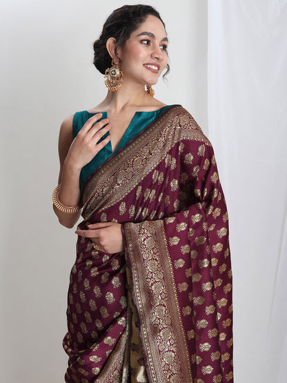 Janasya Purple Silk Blend Ethnic Motifs Jacquard Saree