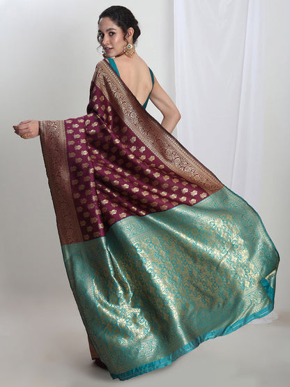 Janasya Purple Silk Blend Ethnic Motifs Jacquard Saree