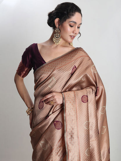 Janasya Beige Silk Blend Ethnic Printed Jacquard Saree