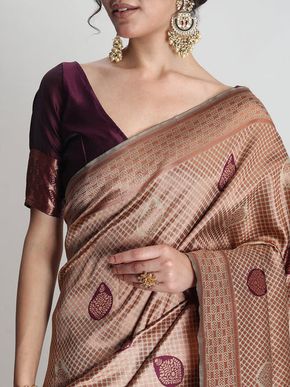 Janasya Beige Silk Blend Ethnic Printed Jacquard Saree
