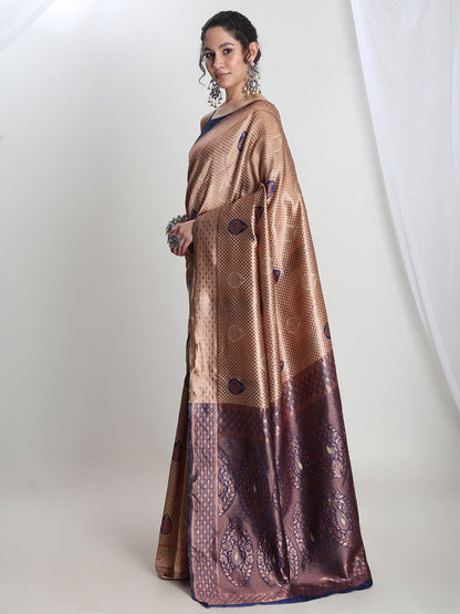Janasya Beige Silk Blend Ethnic Printed Jacquard Saree
