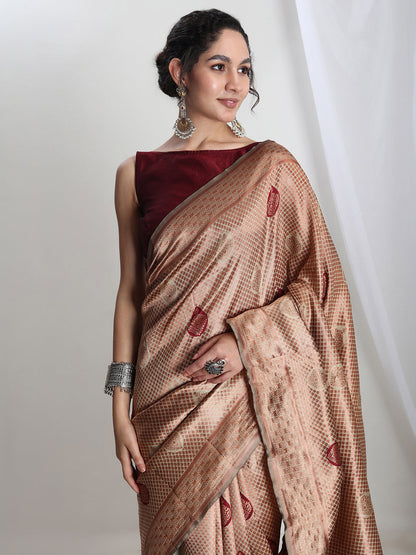 Janasya Beige Silk Blend Ethnic Printed Jacquard Saree