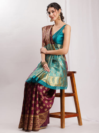 Janasya Purple Silk Blend Floral Jacquard Saree
