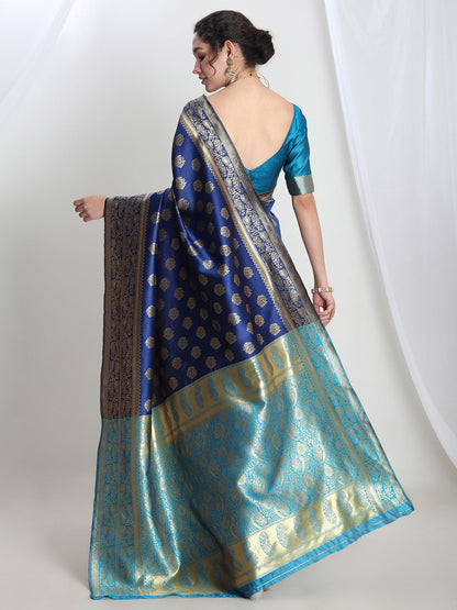 Janasya Blue Silk Blend Floral Jacquard Saree
