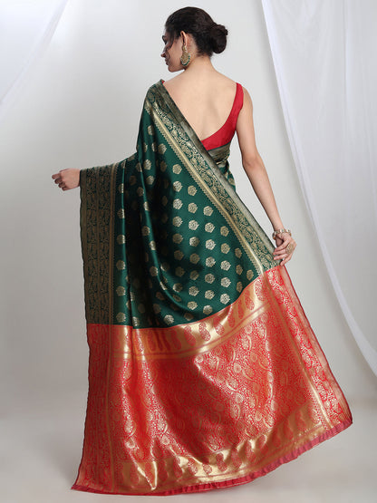 Janasya Green Silk Blend Floral Jacquard Saree