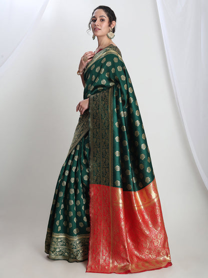 Janasya Green Silk Blend Floral Jacquard Saree