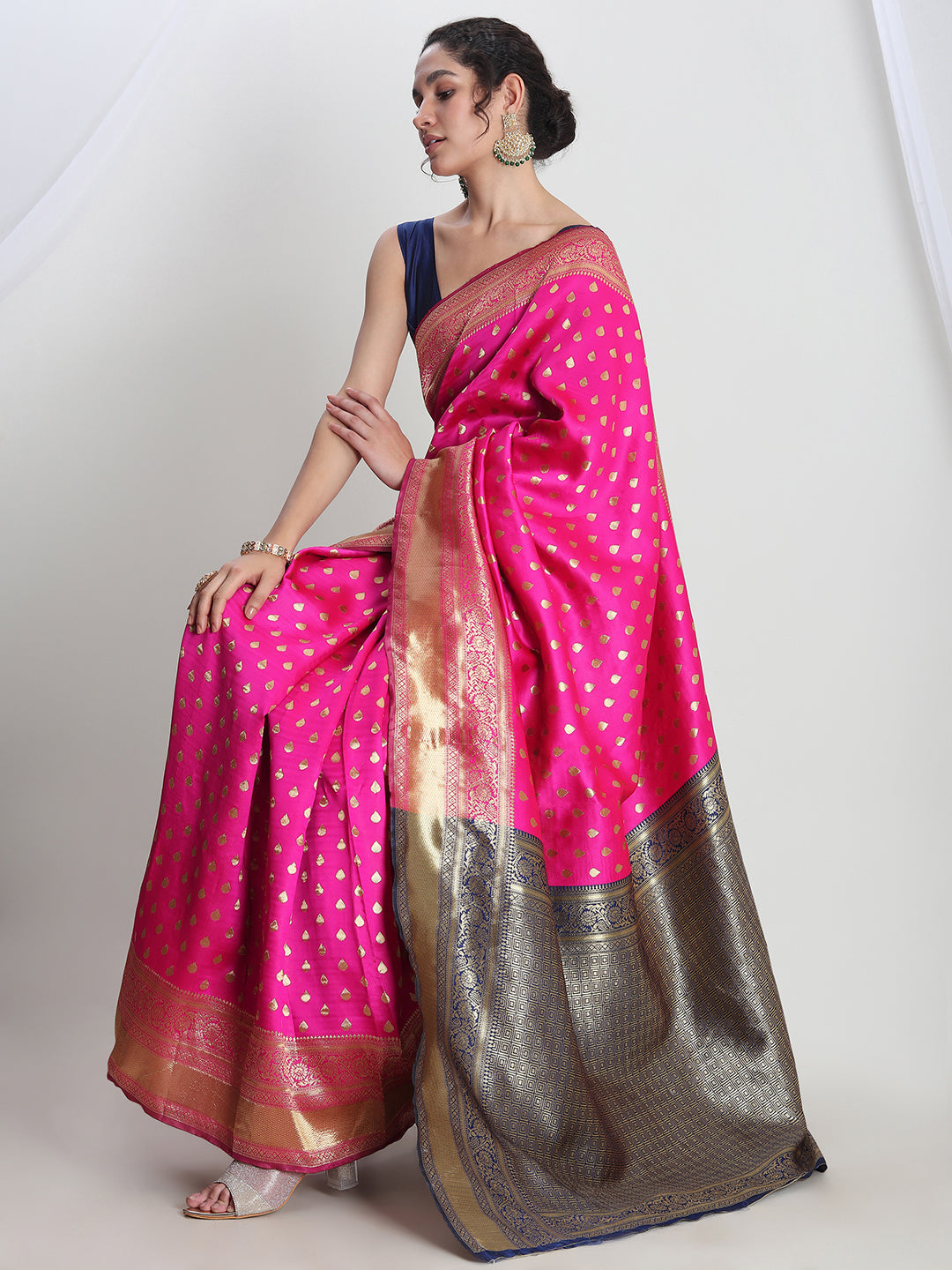 Janasya Pink Silk Blend Ethnic Motifs Jacquard Saree