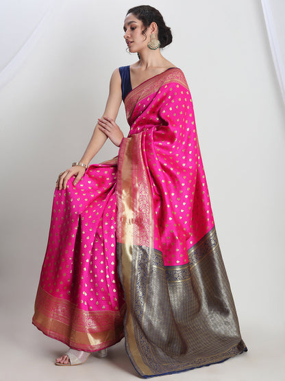 Janasya Pink Silk Blend Ethnic Motifs Jacquard Saree