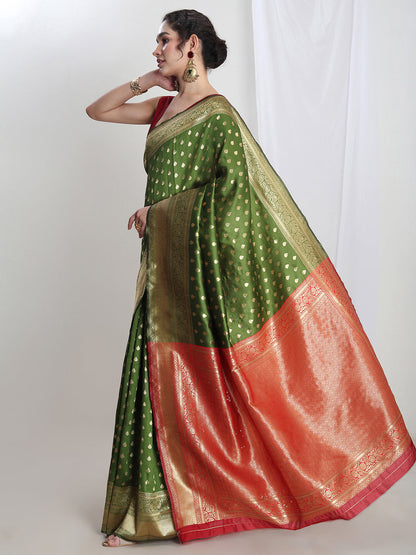 Janasya Green Silk Blend Ethnic Motifs Jacquard Saree