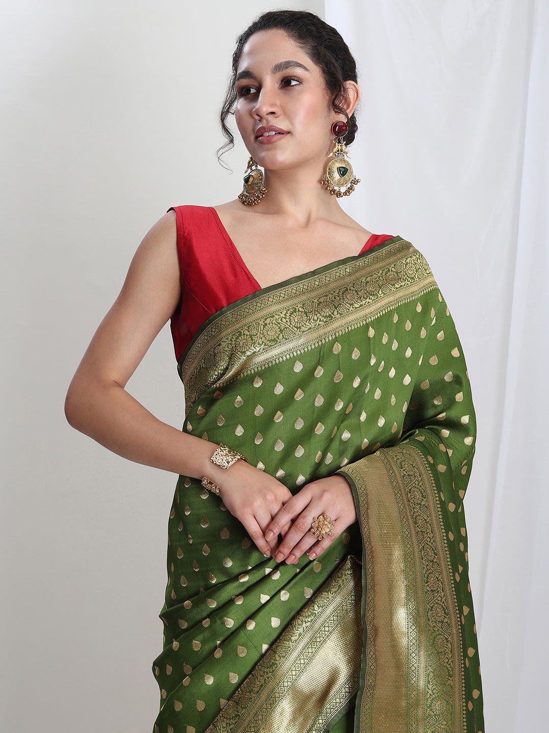 Janasya Green Silk Blend Ethnic Motifs Jacquard Saree