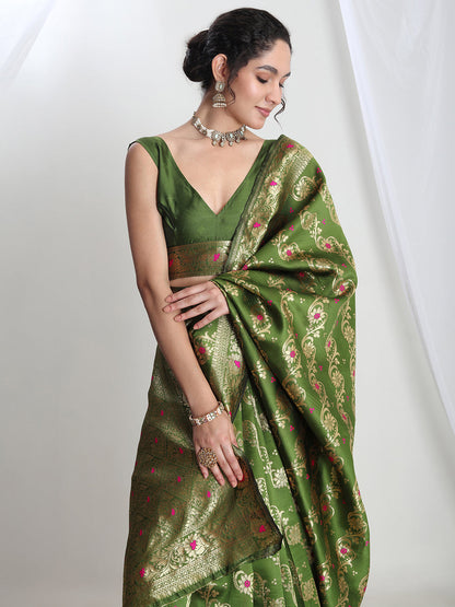Janasya Green Silk Blend Floral Jacquard Saree