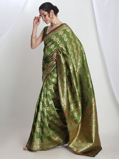 Janasya Green Silk Blend Floral Jacquard Saree