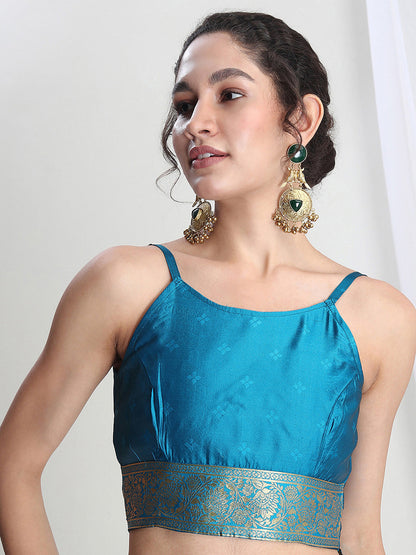 Janasya Teal Blue Silk Blend Floral Jacquard Saree