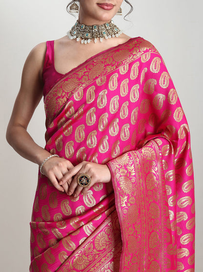 Janasya Pink Silk Blend Paisley Jacquard Saree