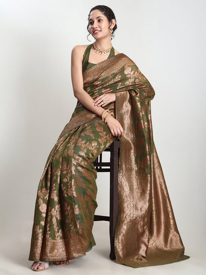 Janasya Green Silk Blend Floral Jacquard Saree