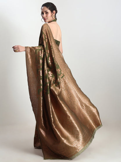 Janasya Green Silk Blend Floral Jacquard Saree