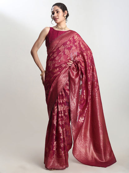 Janasya Magenta Silk Blend Floral Jacquard Saree