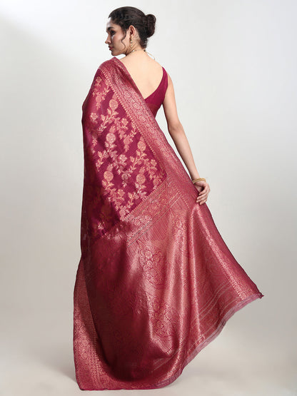 Janasya Magenta Silk Blend Floral Jacquard Saree