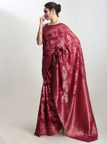 Janasya Magenta Silk Blend Floral Jacquard Saree