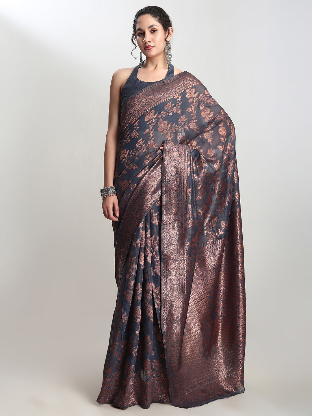 Janasya Grey Silk Blend Floral Jacquard Saree