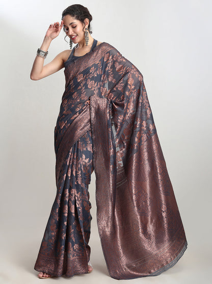 Janasya Grey Silk Blend Floral Jacquard Saree