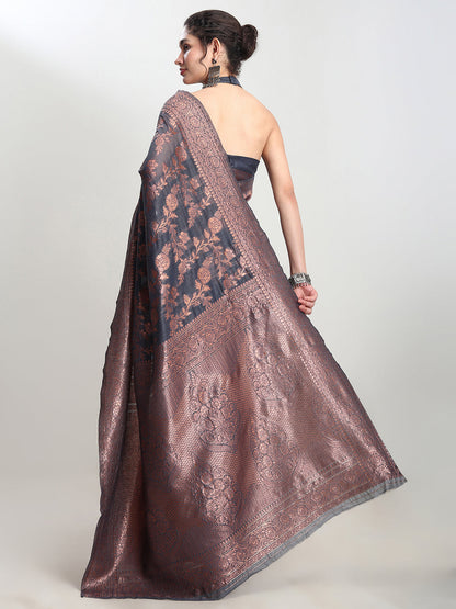 Janasya Grey Silk Blend Floral Jacquard Saree