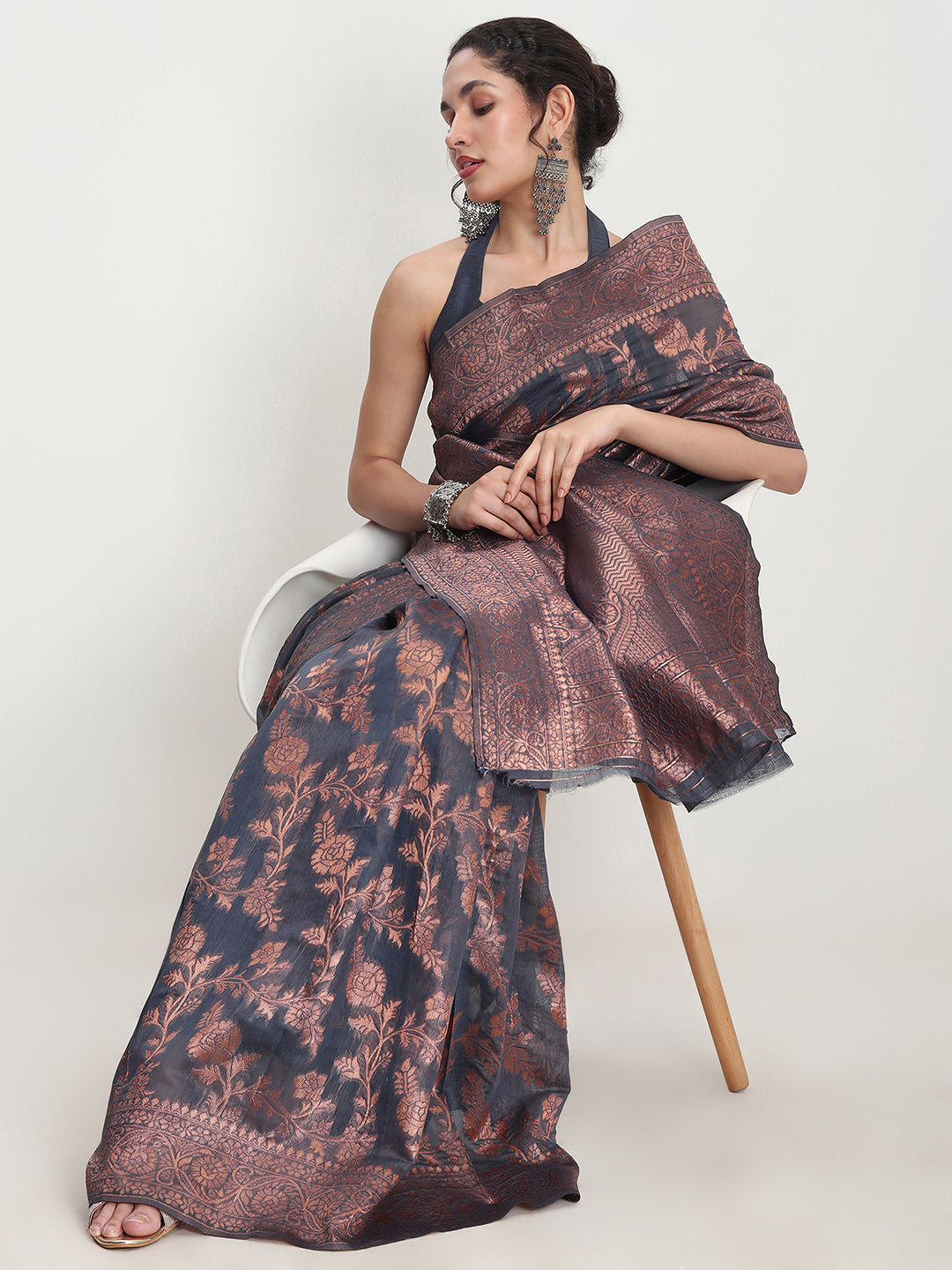 Janasya Grey Silk Blend Floral Jacquard Saree
