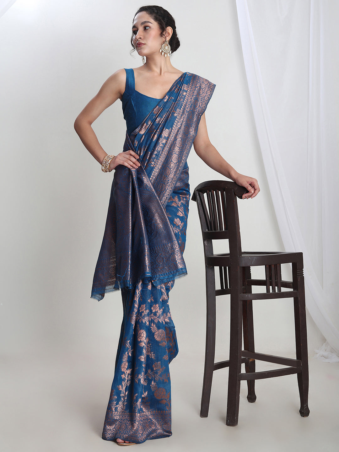 Janasya Blue Silk Blend Floral Jacquard Saree